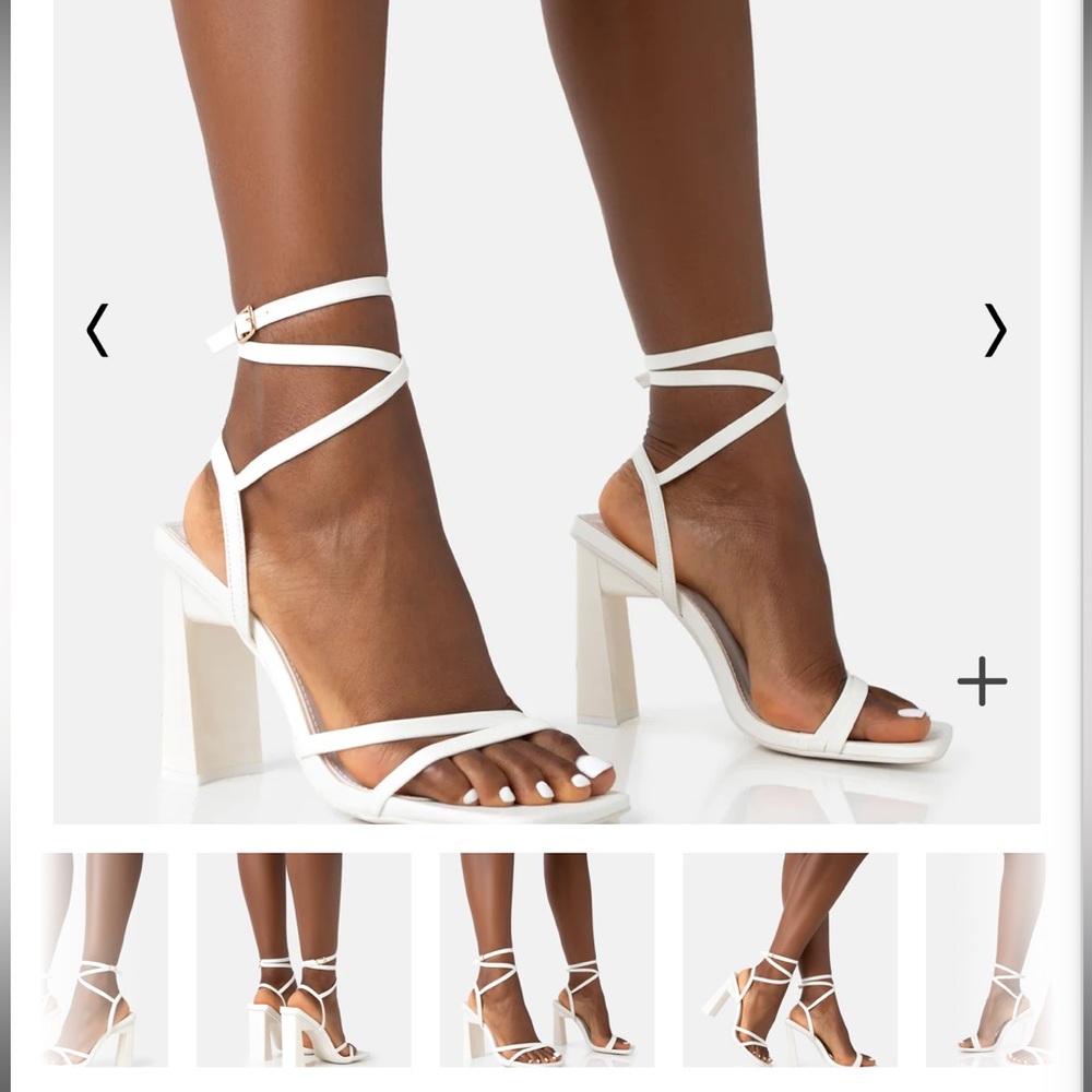 Public Desire : Ives White Strappy Lace Up Square Toe Slim Block Heels Size 9